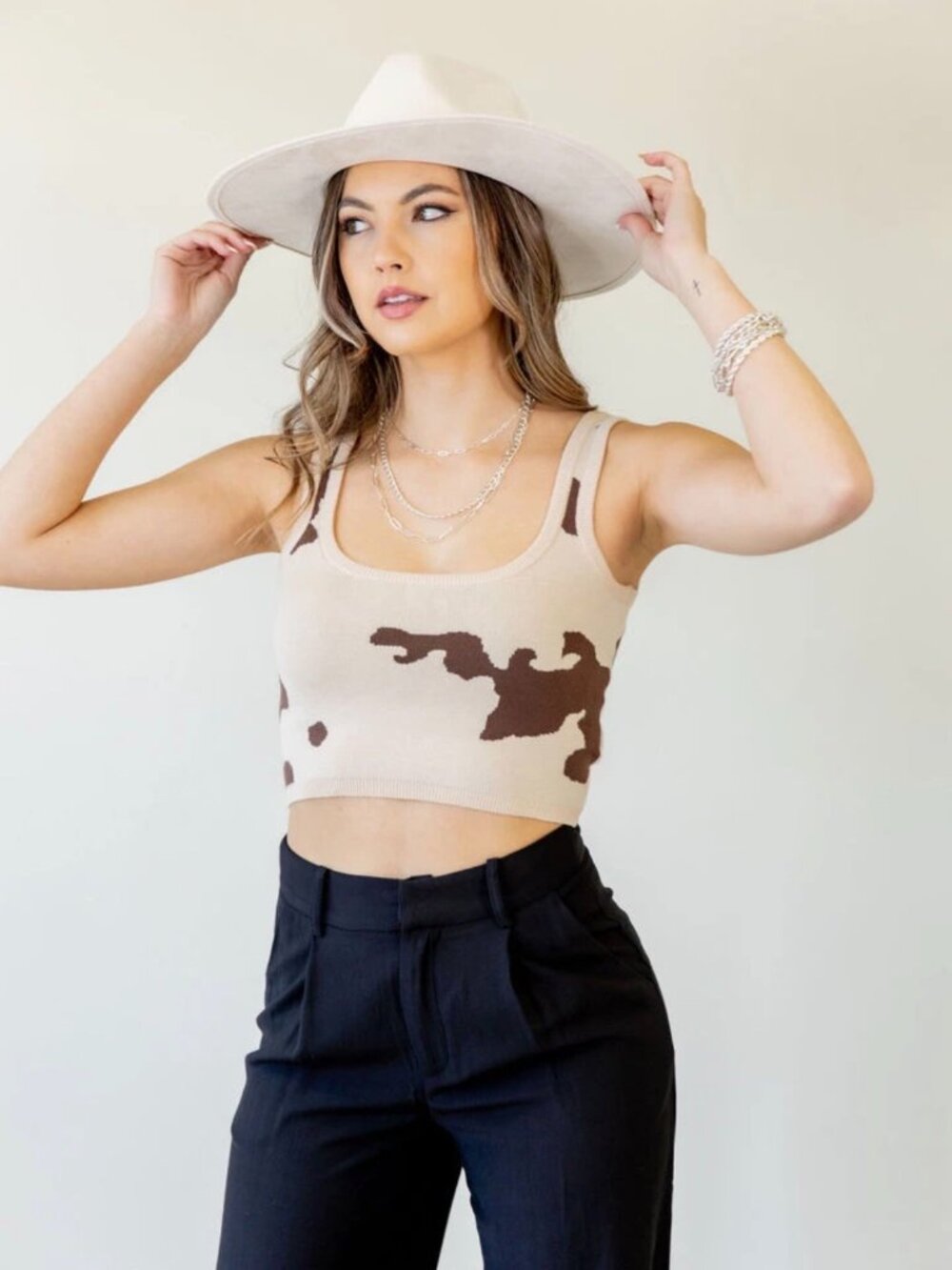 Women's Tank Top- Bailey Rose by Dressed in LALA Cropped Cow Print Tank in Tan